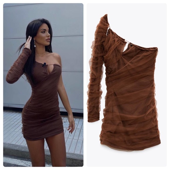 Zara Brown Cut Out Tule Mini Dress Size Small NWT New With Tags - Picture 1 of 14